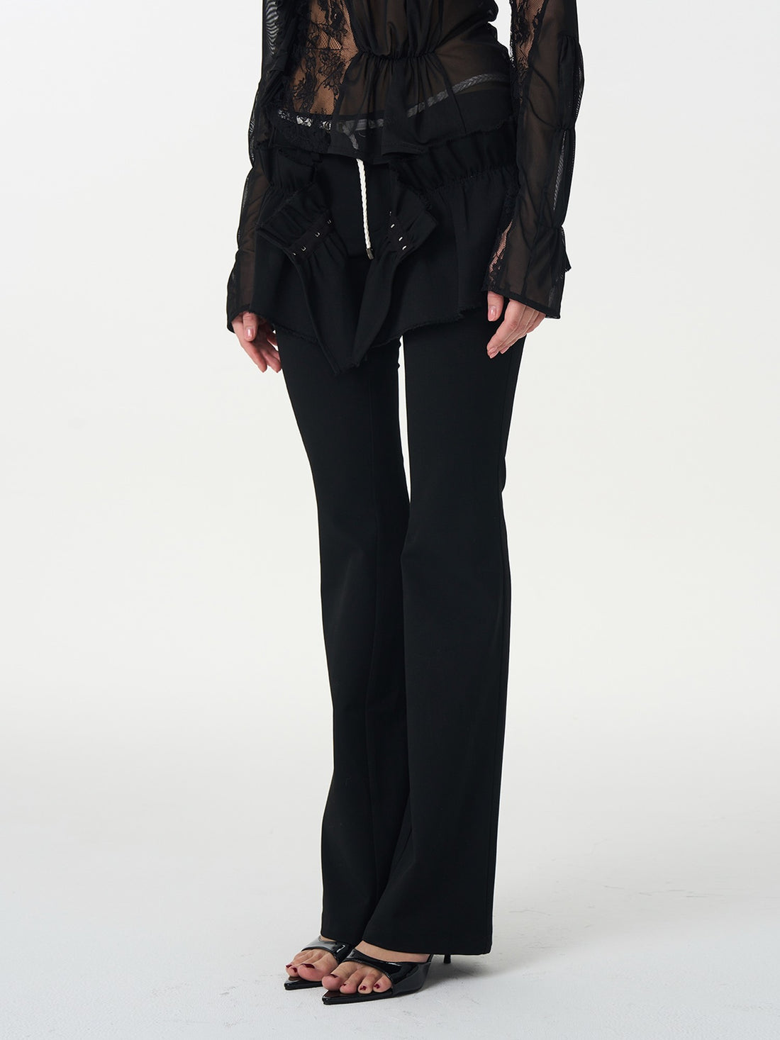 popoop Black Pleated Frayed Hem Button Placket Slim Stretch Women&