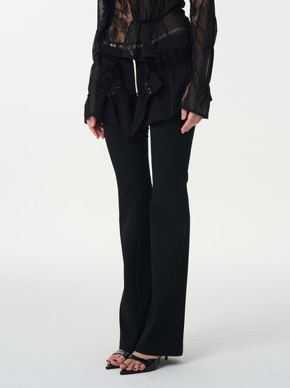 popoop Black Pleated Frayed Hem Button Placket Slim Stretch Women&