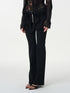 popoop Black Pleated Frayed Hem Button Placket Slim Stretch Women&