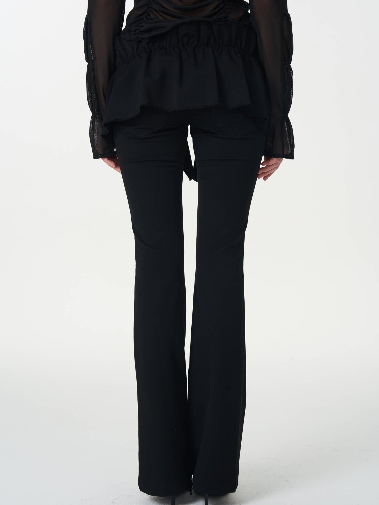 popoop Black Pleated Frayed Hem Button Placket Slim Stretch Women&