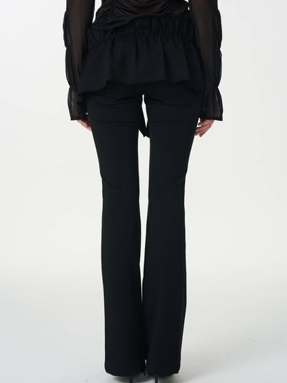 popoop Black Pleated Frayed Hem Button Placket Slim Stretch Women&