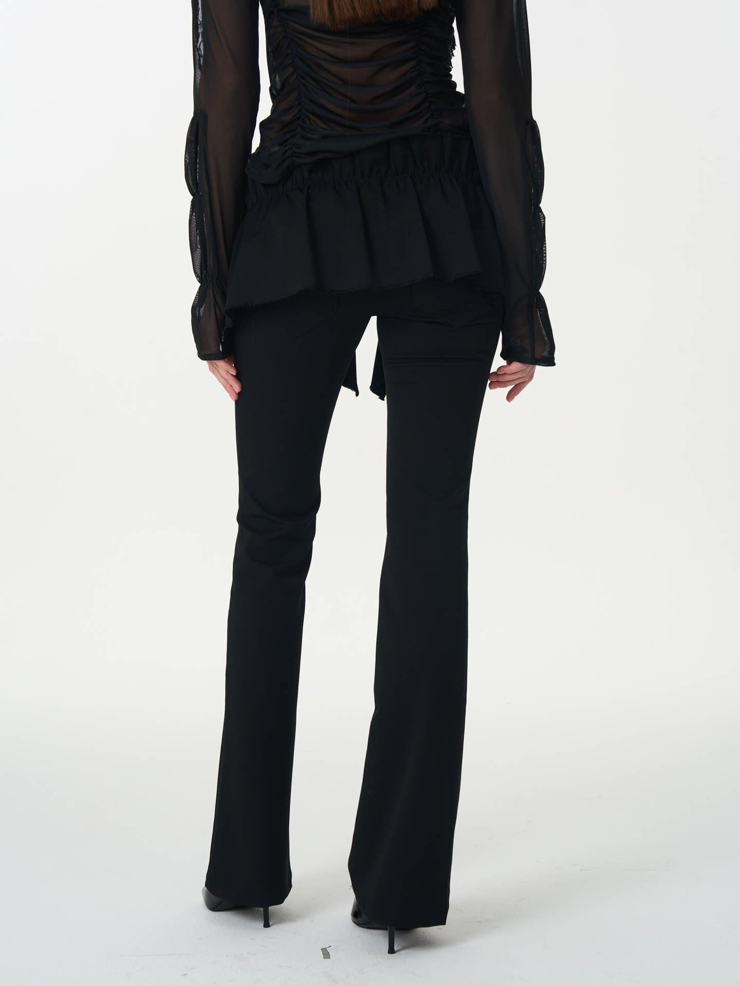 popoop Black Pleated Frayed Hem Button Placket Slim Stretch Women&