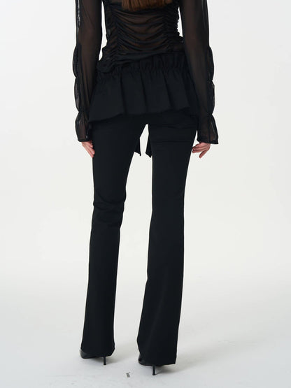 popoop Black Pleated Frayed Hem Button Placket Slim Stretch Women&