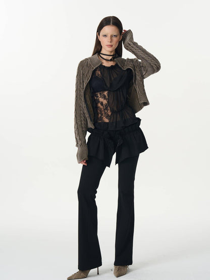 popoop Black Pleated Frayed Hem Button Placket Slim Stretch Women&