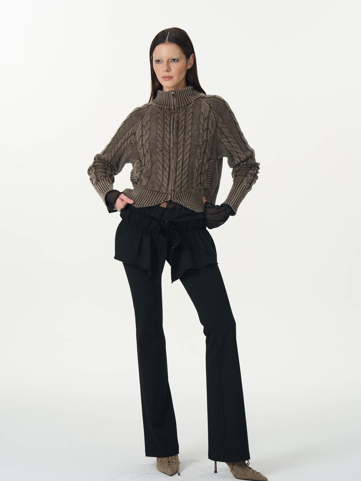 popoop Black Pleated Frayed Hem Button Placket Slim Stretch Women&