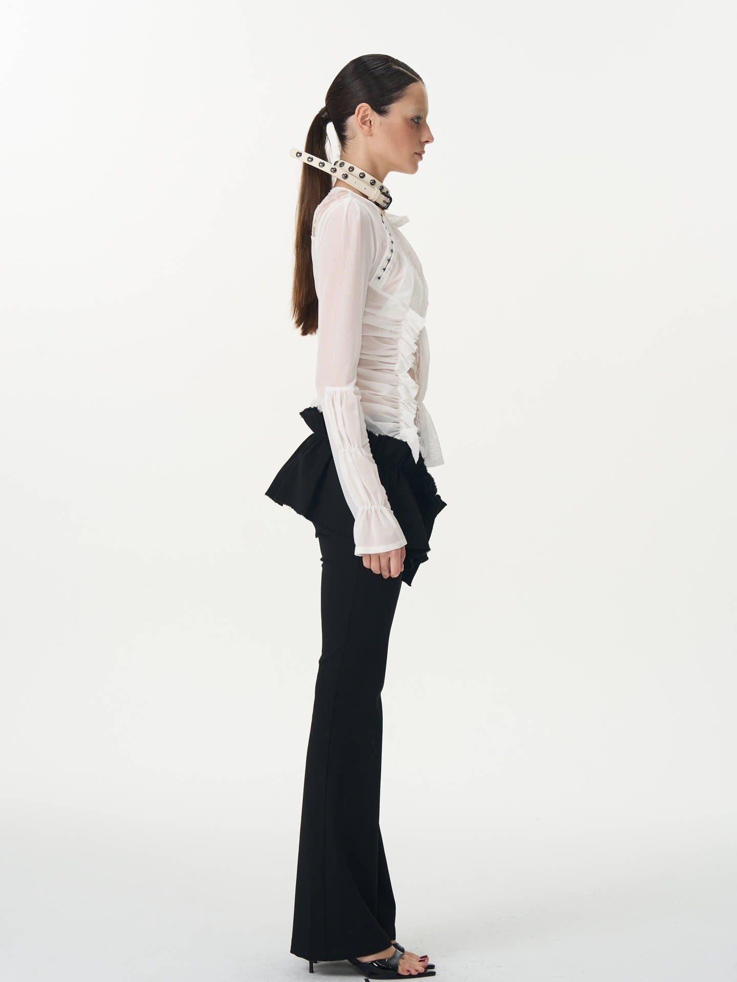 popoop Black Pleated Frayed Hem Button Placket Slim Stretch Women&