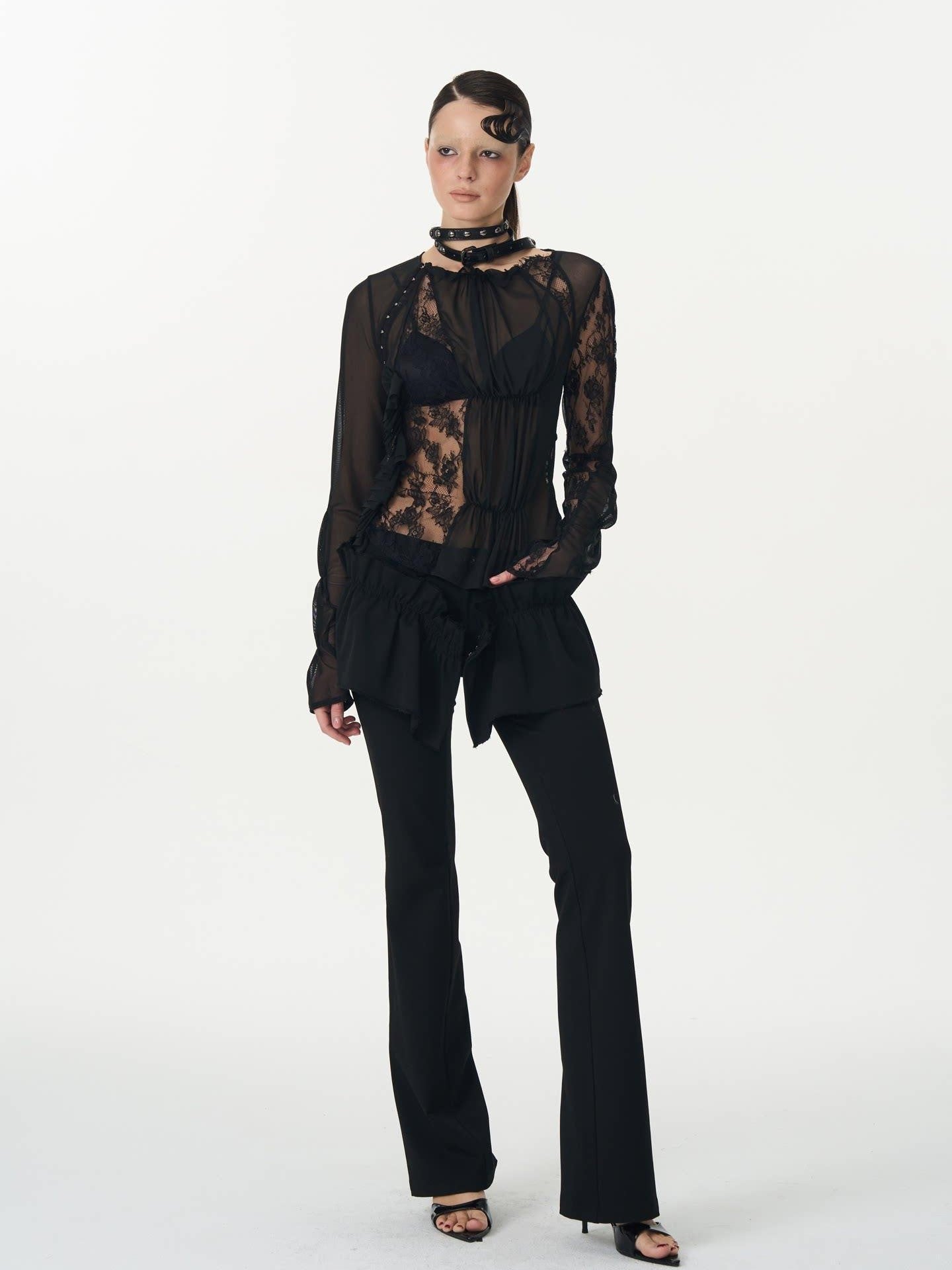 popoop Black Pleated Frayed Hem Button Placket Slim Stretch Women&