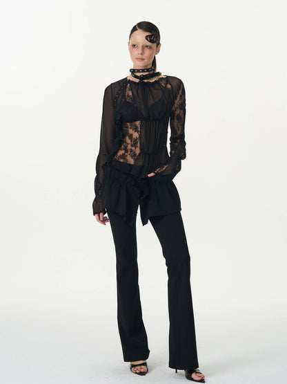 popoop Black Pleated Frayed Hem Button Placket Slim Stretch Women&