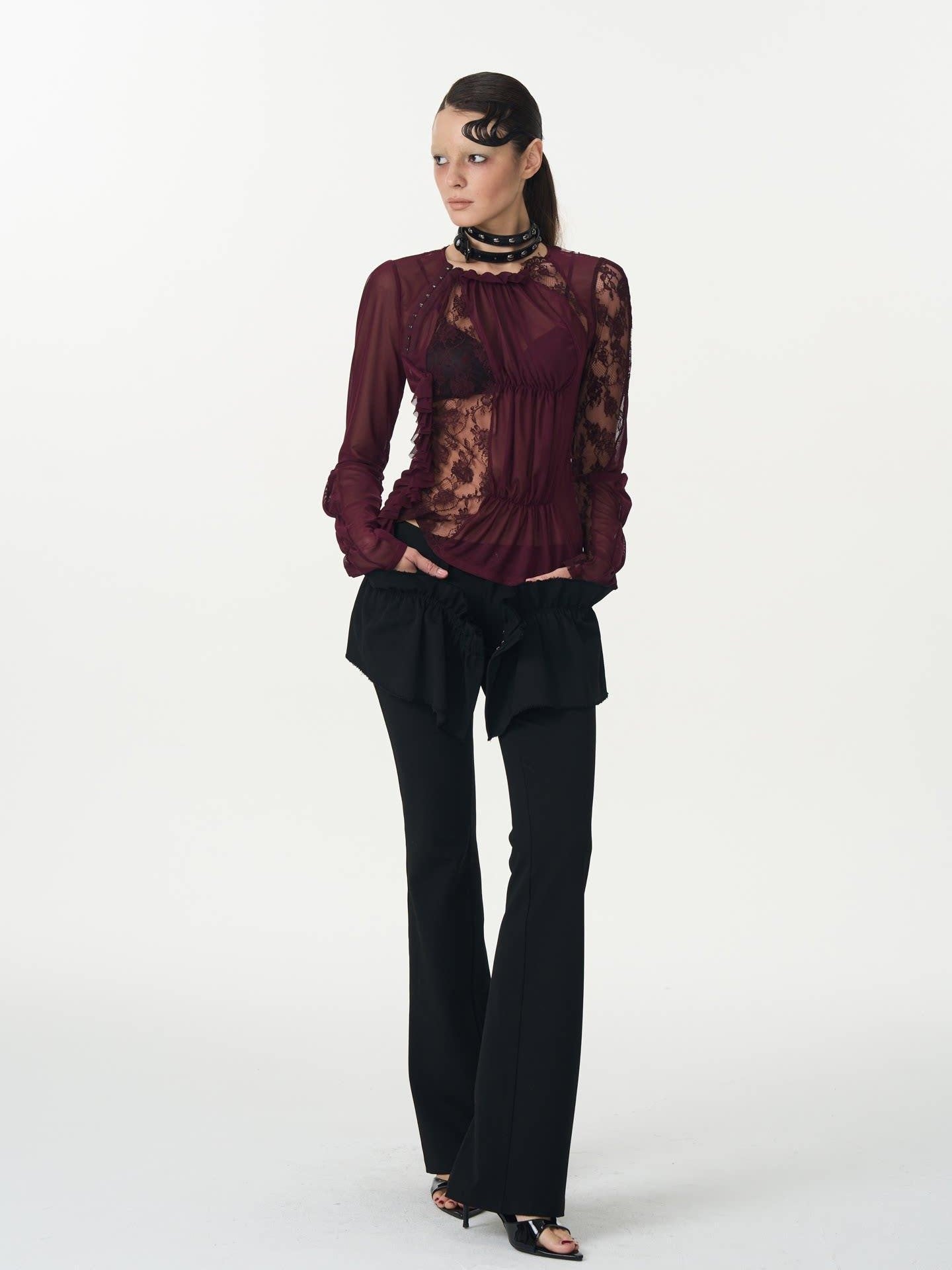 popoop Black Pleated Frayed Hem Button Placket Slim Stretch Women&