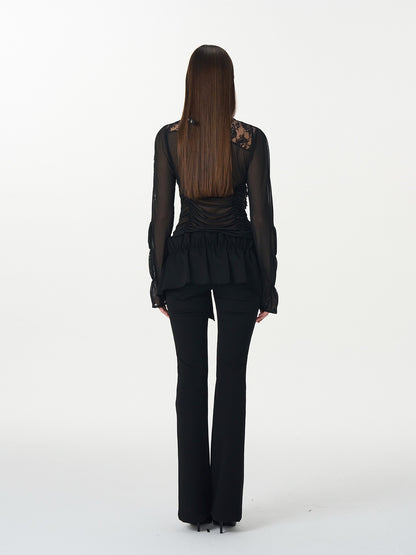 popoop Black Pleated Frayed Hem Button Placket Slim Stretch Women&