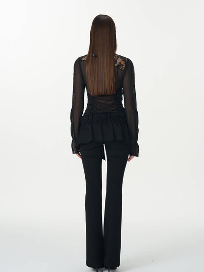 popoop Black Pleated Frayed Hem Button Placket Slim Stretch Women&