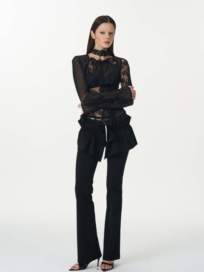 popoop Black Pleated Frayed Hem Button Placket Slim Stretch Women&