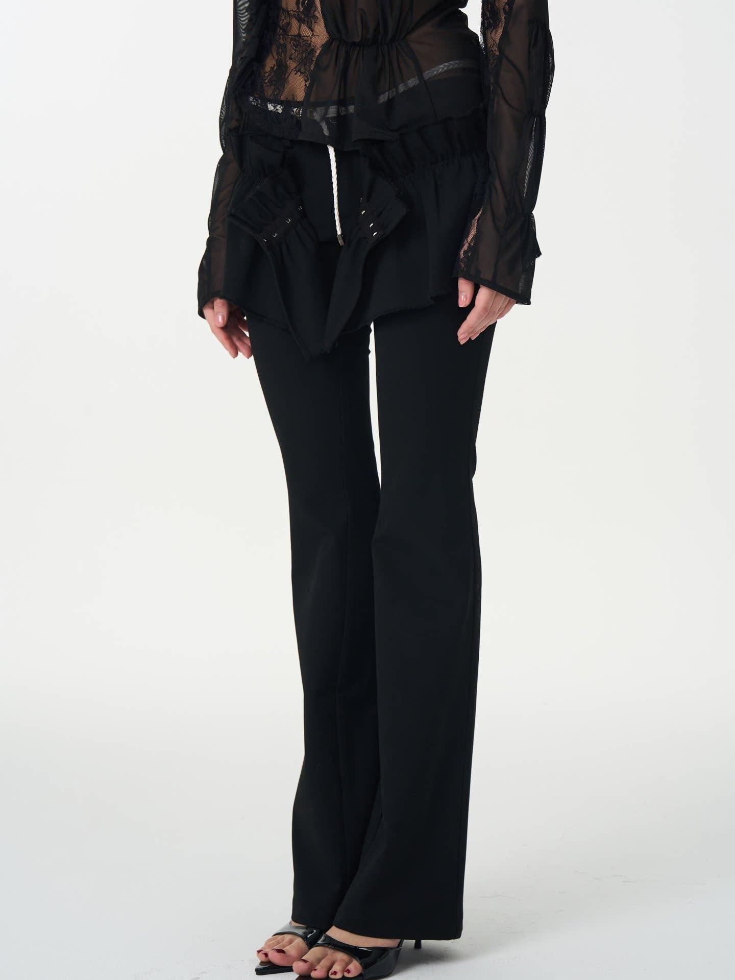 popoop Black Pleated Frayed Hem Button Placket Slim Stretch Women&