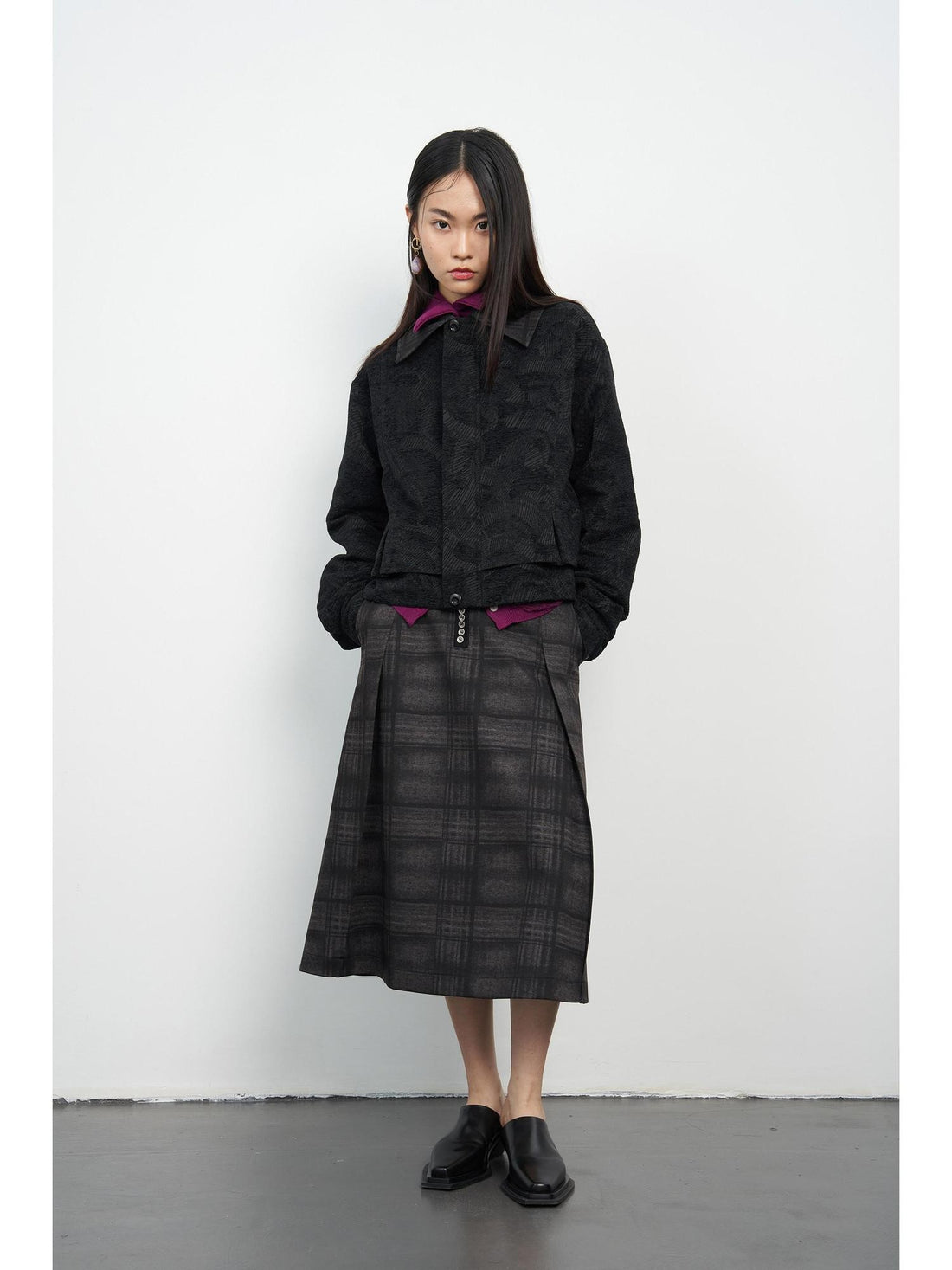popoop Black Relaxed Patchwork Plaid Collar Women&