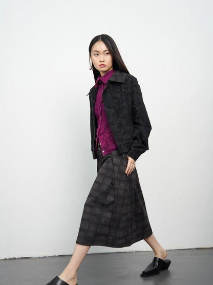 popoop Black Relaxed Patchwork Plaid Collar Women&