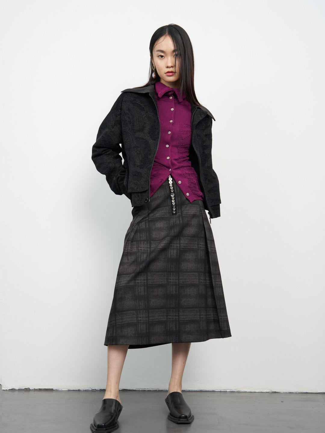 popoop Black Relaxed Patchwork Plaid Collar Women&