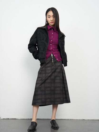 popoop Black Relaxed Patchwork Plaid Collar Women&