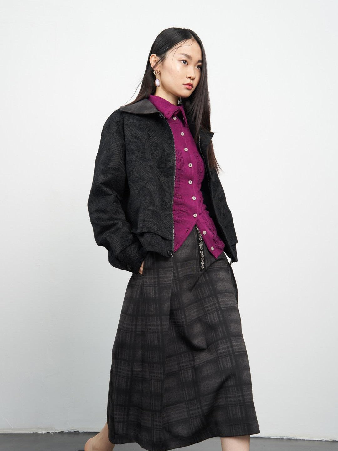 popoop Black Relaxed Patchwork Plaid Collar Women&