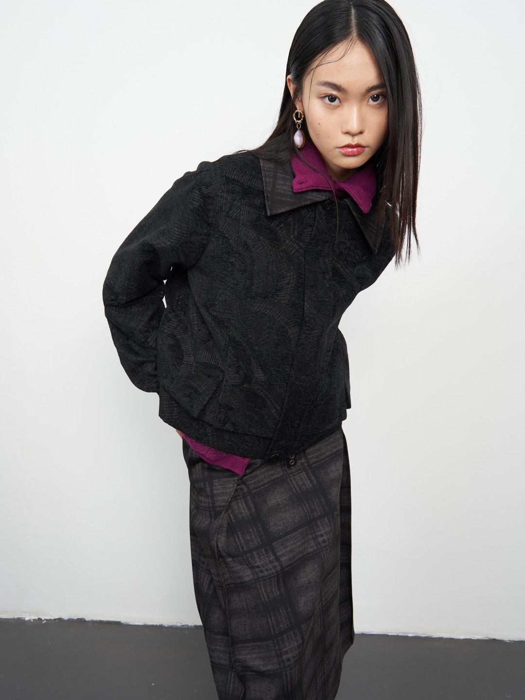 popoop Black Relaxed Patchwork Plaid Collar Women&