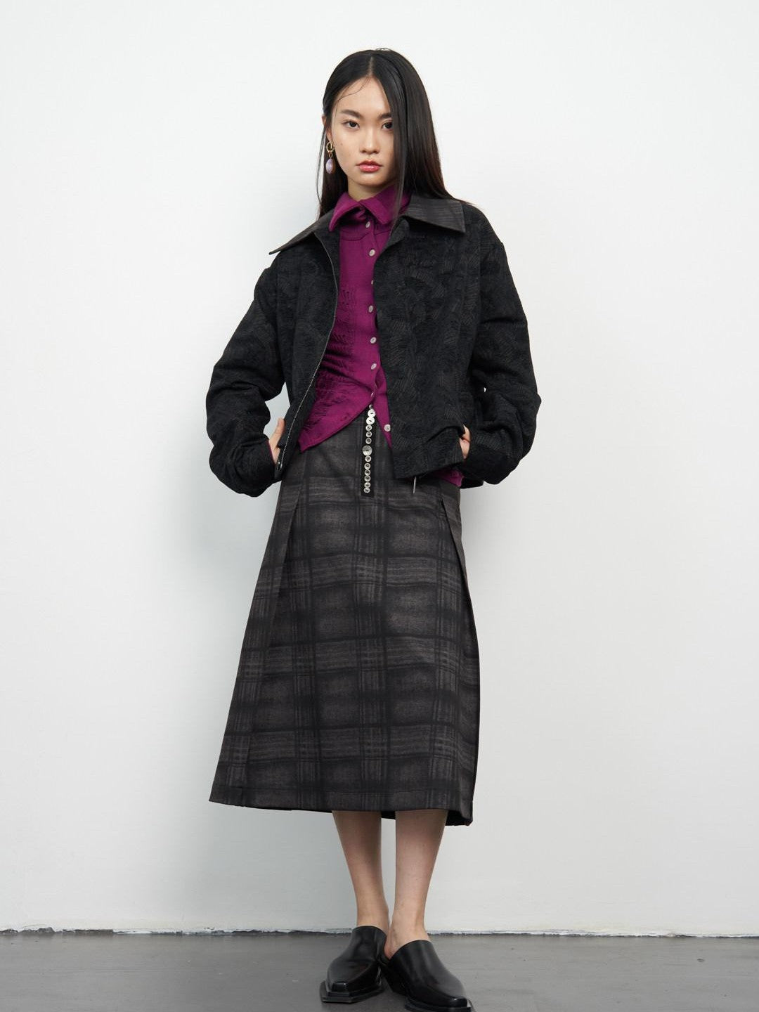 popoop Black Relaxed Patchwork Plaid Collar Women&
