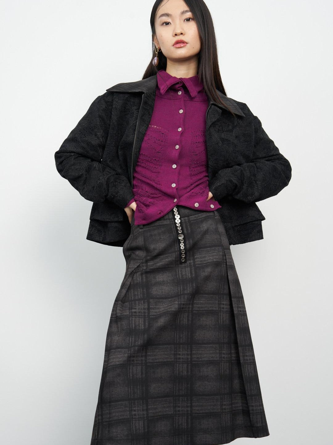 popoop Black Relaxed Patchwork Plaid Collar Women&
