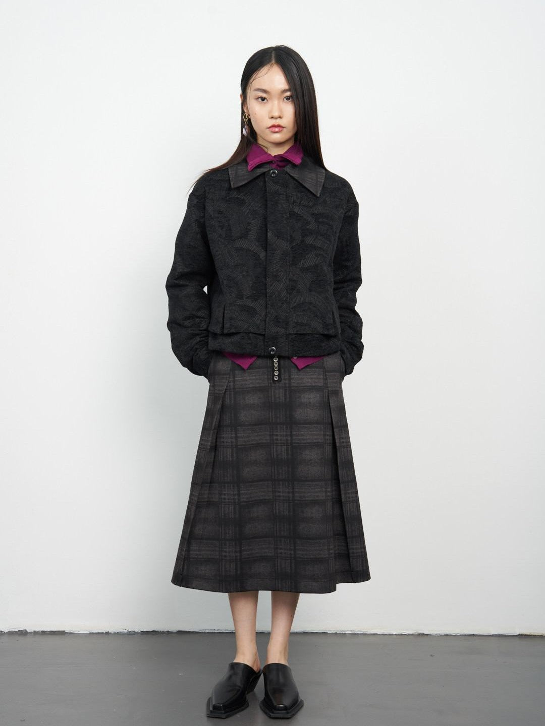 popoop Black Relaxed Patchwork Plaid Collar Women&