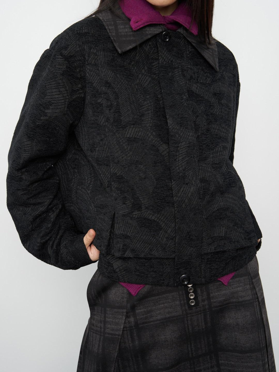 popoop Black Relaxed Patchwork Plaid Collar Women&