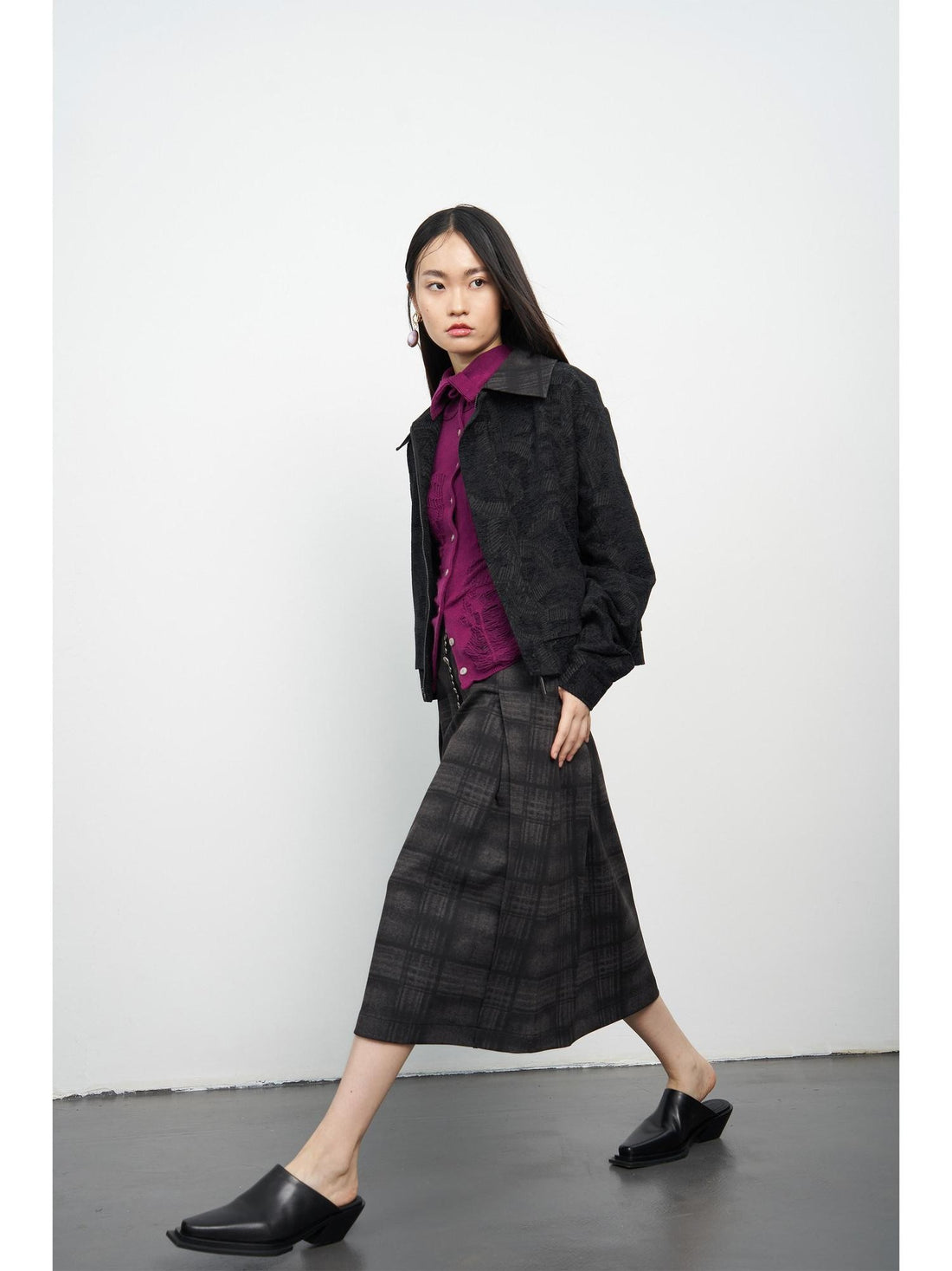 popoop Black Relaxed Patchwork Plaid Collar Women&