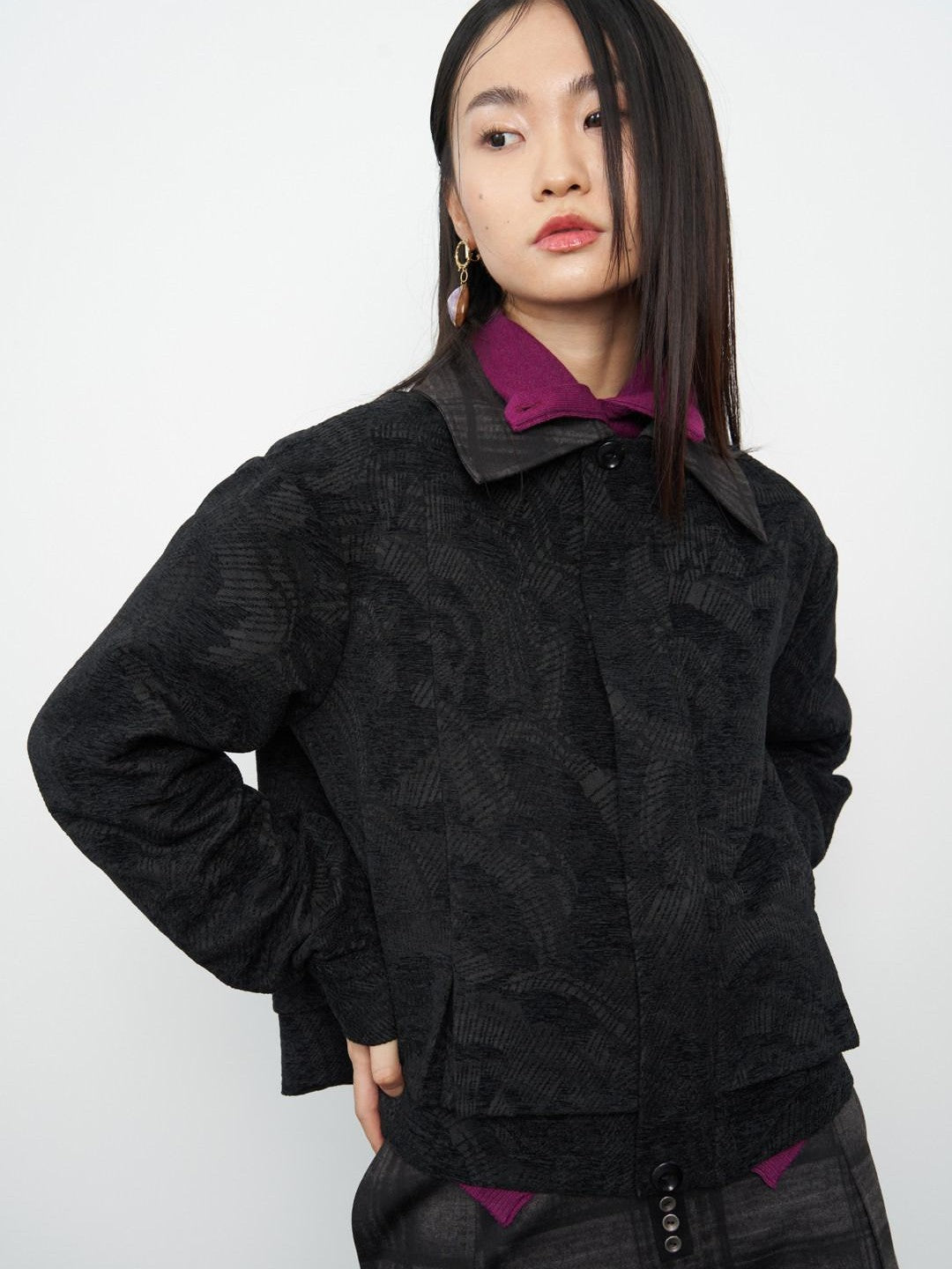 popoop Black Relaxed Patchwork Plaid Collar Women&