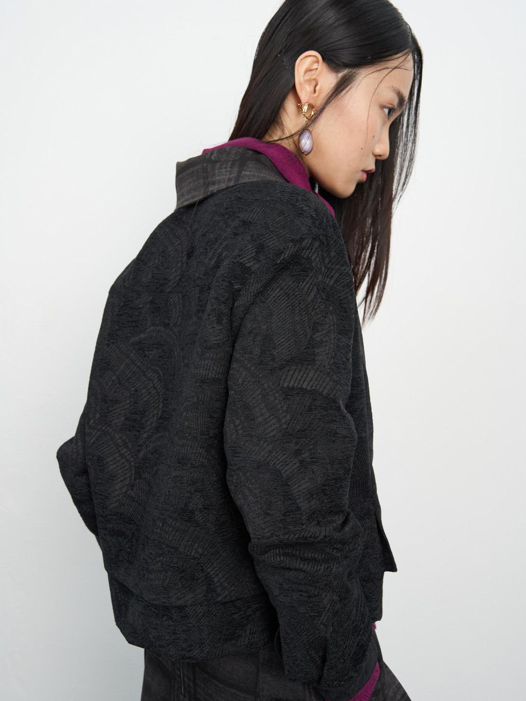 popoop Black Relaxed Patchwork Plaid Collar Women&