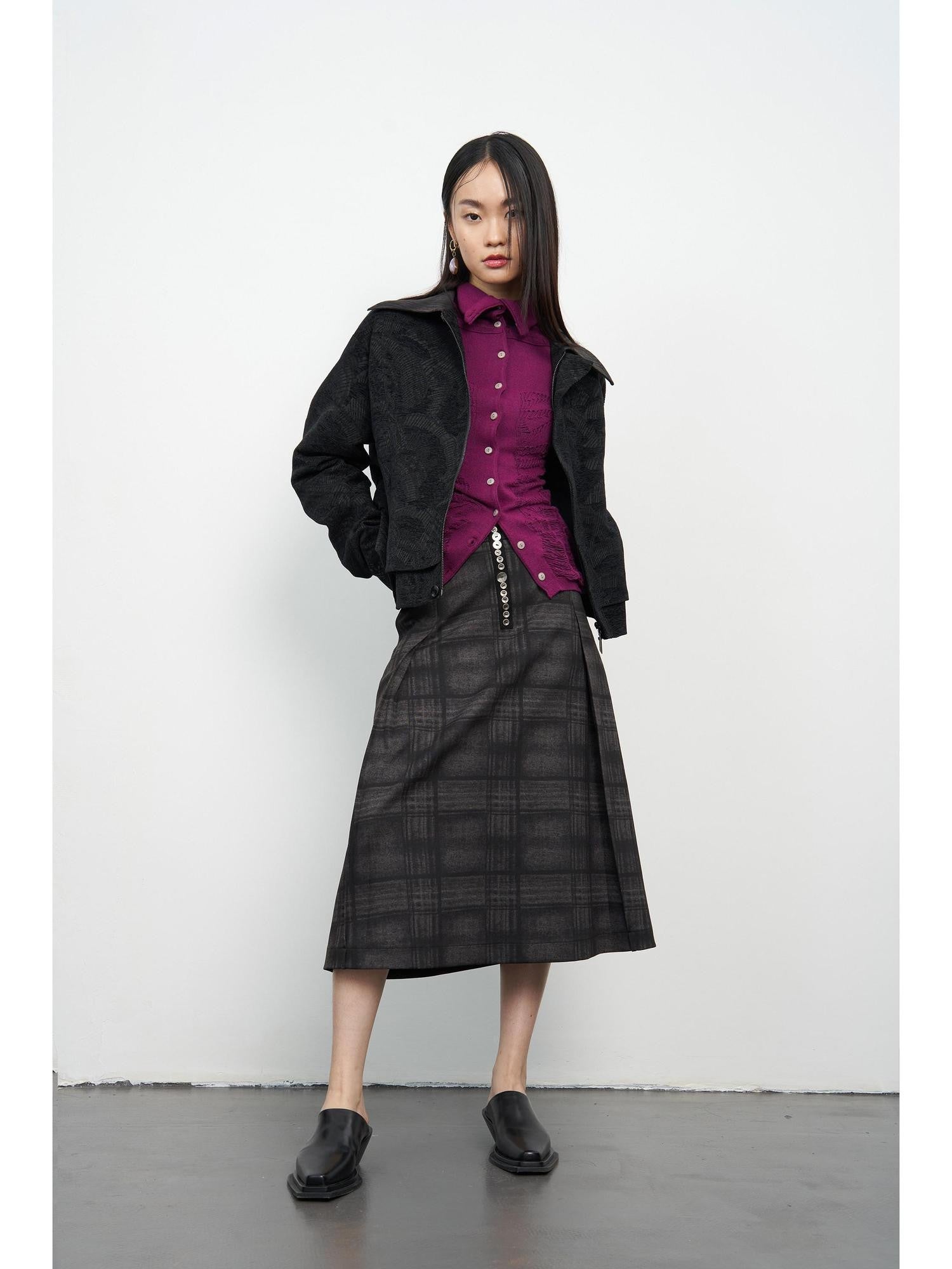popoop Black Relaxed Patchwork Plaid Collar Women&