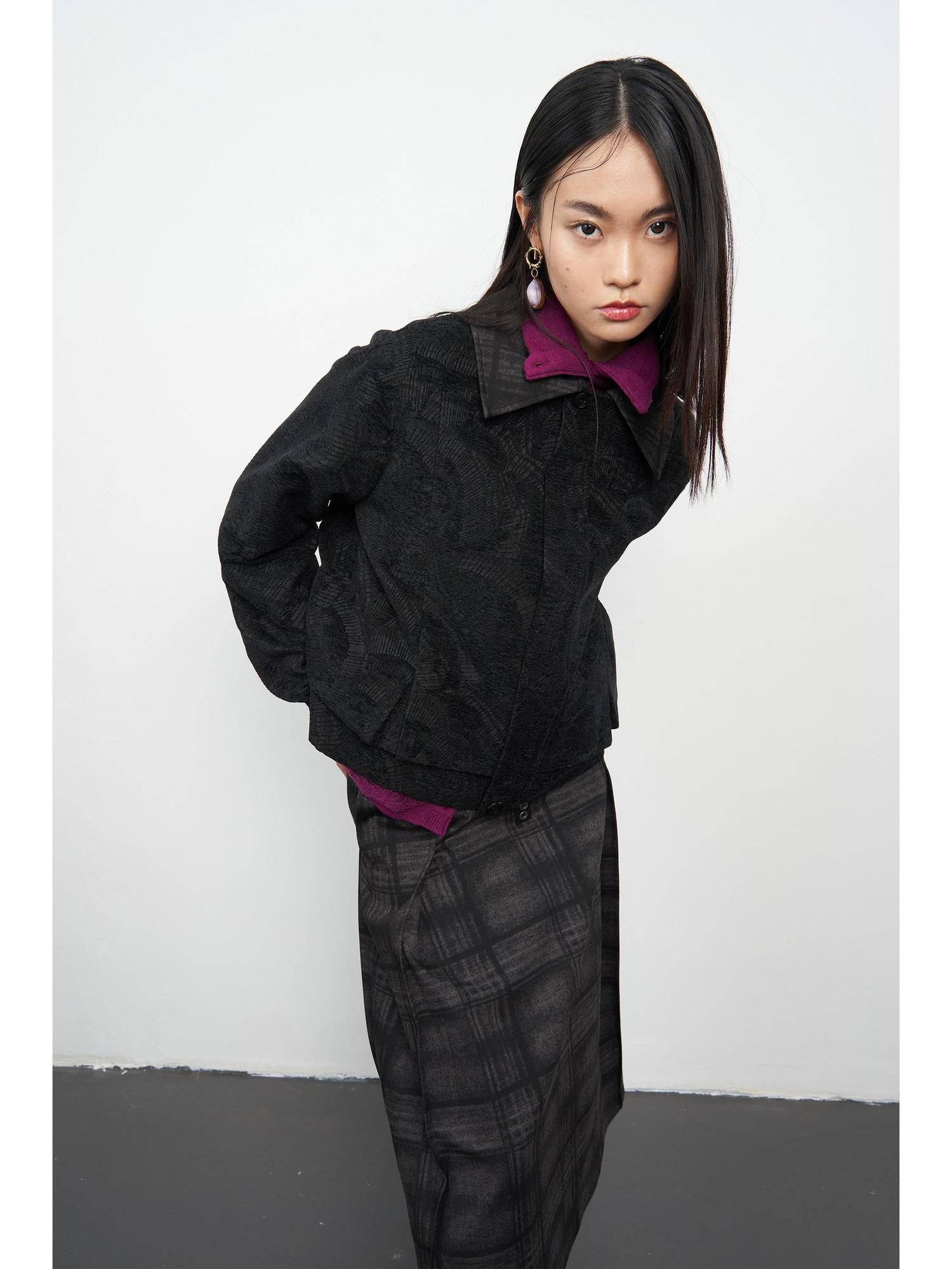 popoop Black Relaxed Patchwork Plaid Collar Women&