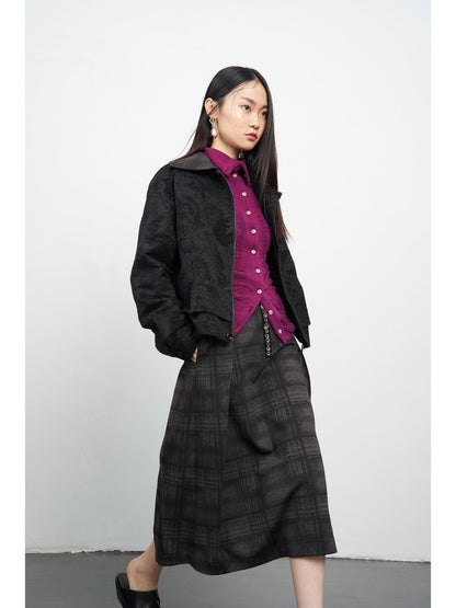 popoop Black Relaxed Patchwork Plaid Collar Women&