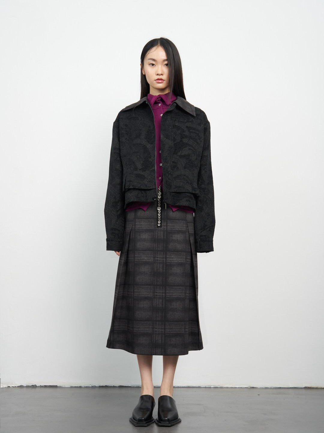 popoop Black Relaxed Patchwork Plaid Collar Women&