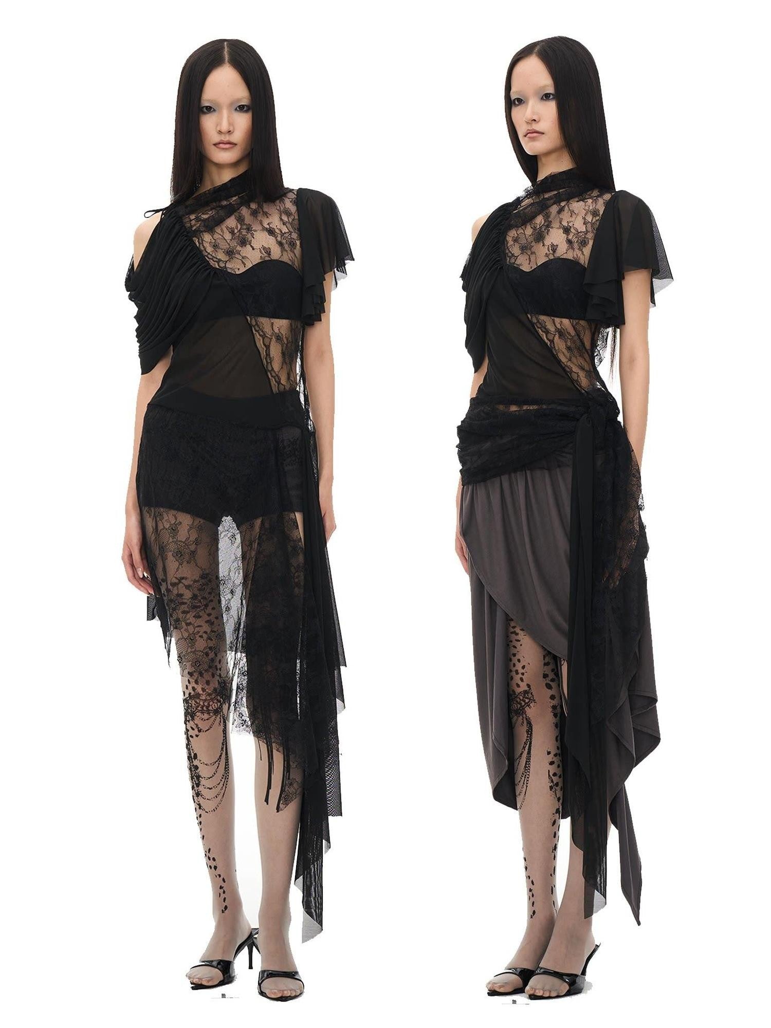 popoop Black Ruched Knot Panel Asym Hem Women&