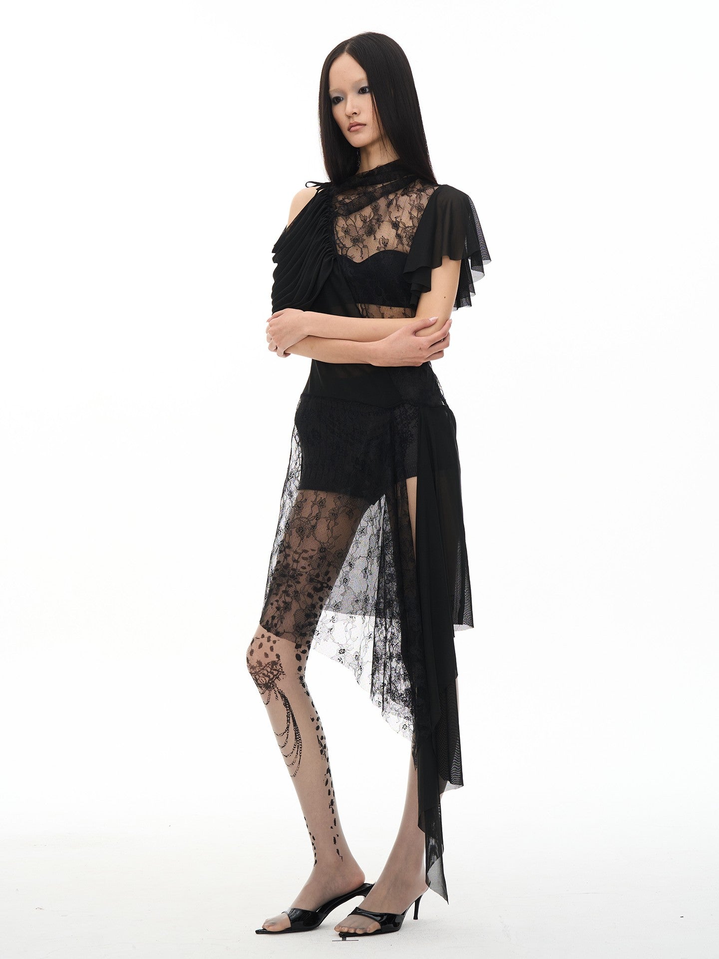 popoop Black Ruched Knot Panel Asym Hem Women&