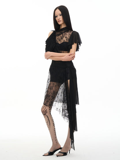 popoop Black Ruched Knot Panel Asym Hem Women&