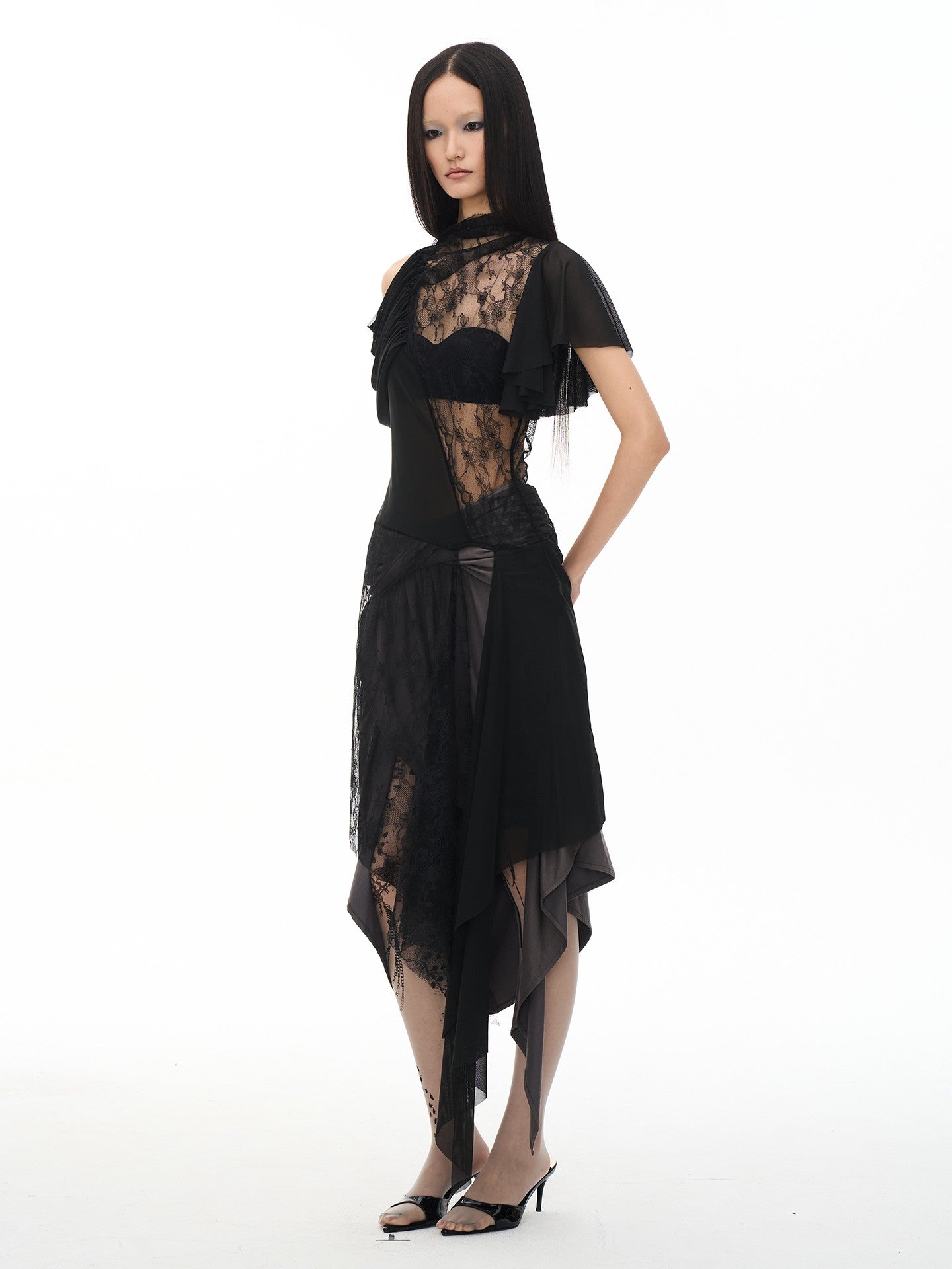 popoop Black Ruched Knot Panel Asym Hem Women&