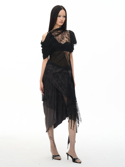 popoop Black Ruched Knot Panel Asym Hem Women&