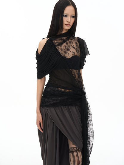 popoop Black Ruched Knot Panel Asym Hem Women&