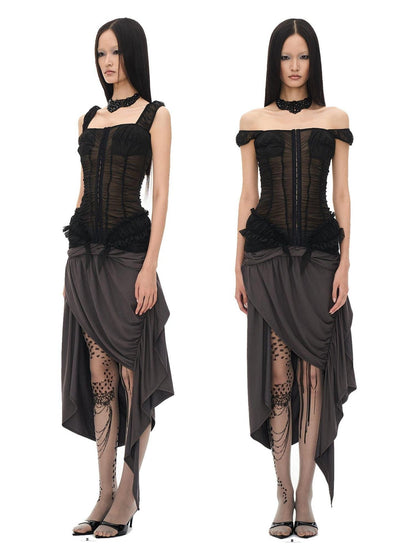 popoop Black Ruched Stretch Sheer Bodycon One Shoulder Women&