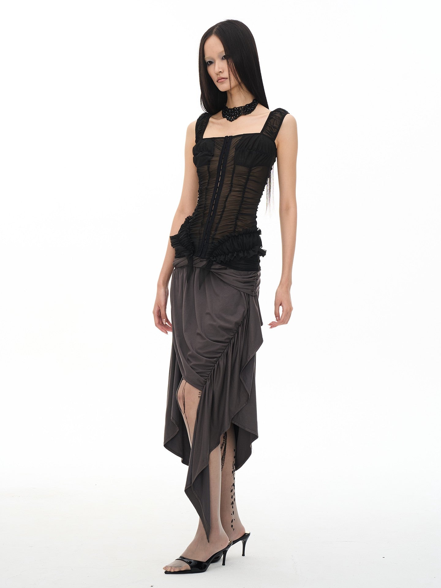 popoop Black Ruched Stretch Sheer Bodycon One Shoulder Women&