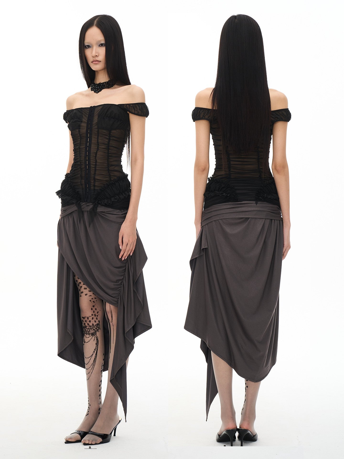 popoop Black Ruched Stretch Sheer Bodycon One Shoulder Women&