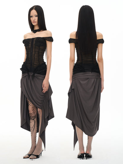 popoop Black Ruched Stretch Sheer Bodycon One Shoulder Women&