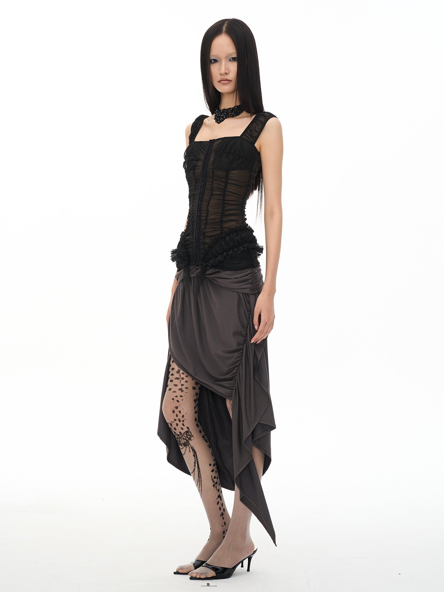popoop Black Ruched Stretch Sheer Bodycon One Shoulder Women&