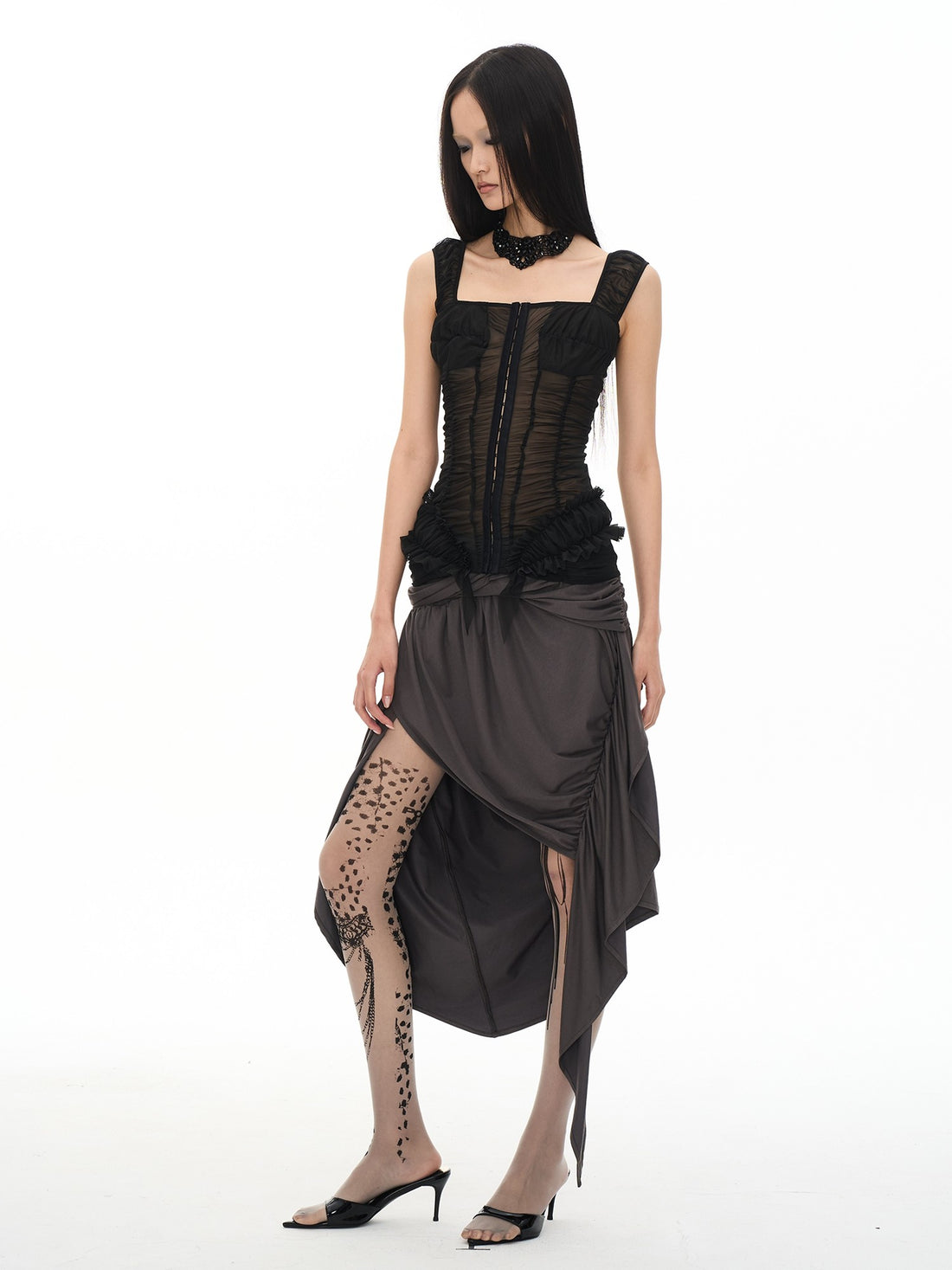 popoop Black Ruched Stretch Sheer Bodycon One Shoulder Women&