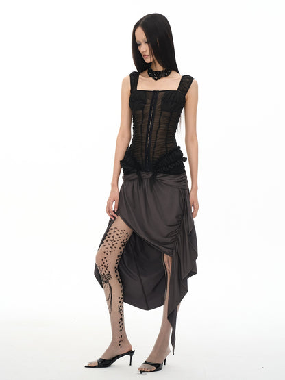 popoop Black Ruched Stretch Sheer Bodycon One Shoulder Women&