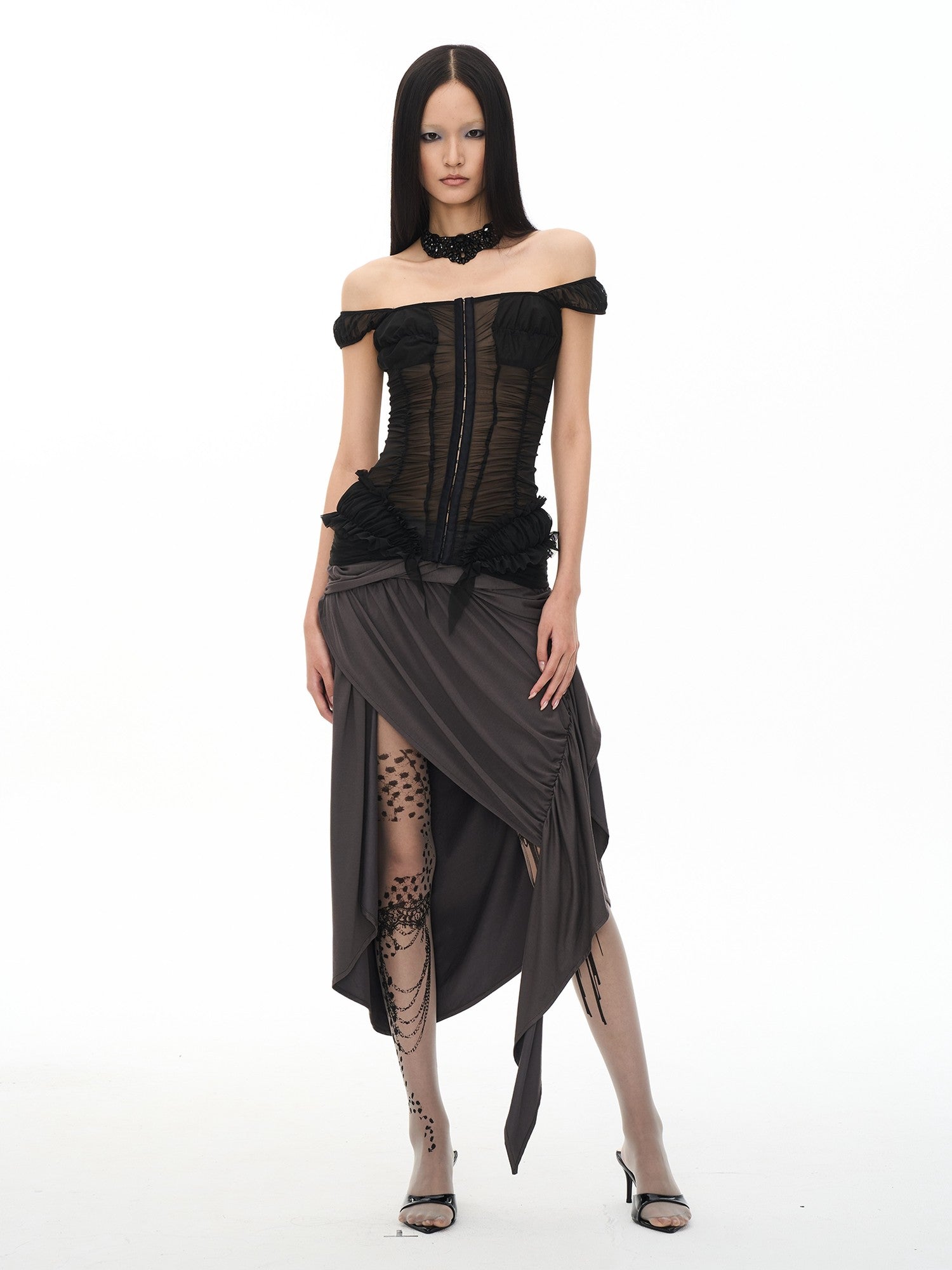popoop Black Ruched Stretch Sheer Bodycon One Shoulder Women&