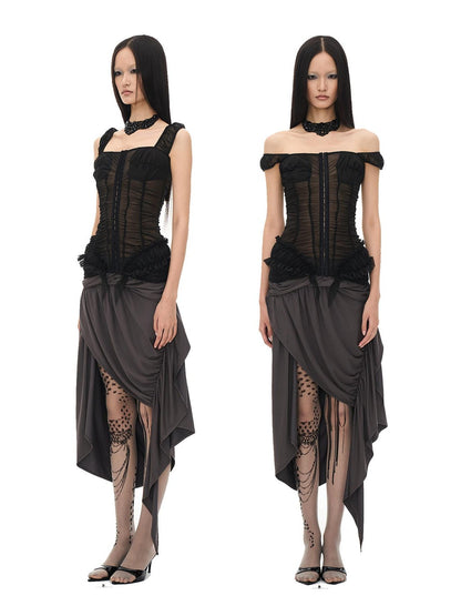 popoop Black Ruched Stretch Sheer Bodycon One Shoulder Women&