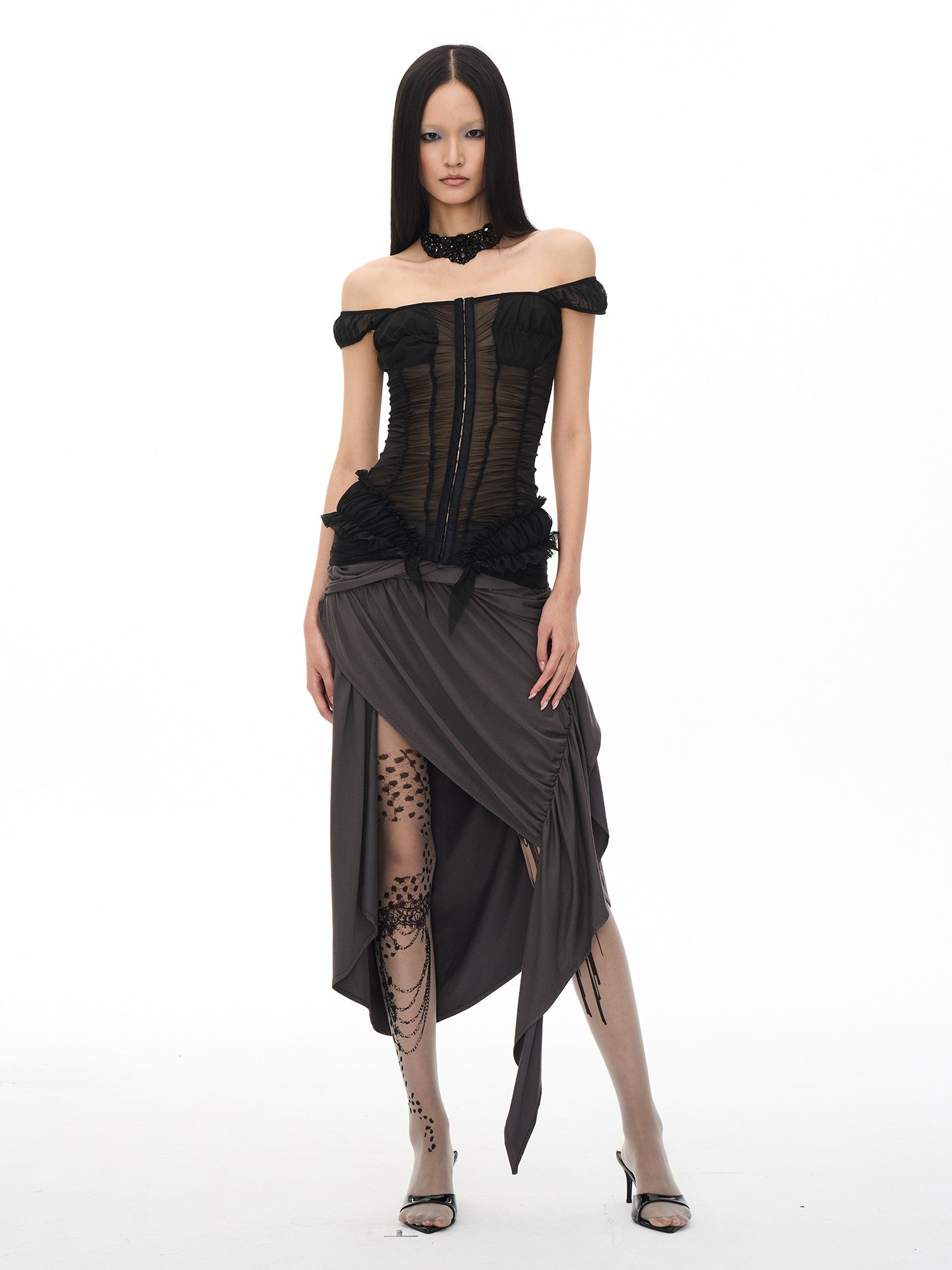 popoop Black Ruched Stretch Sheer Bodycon One Shoulder Women&